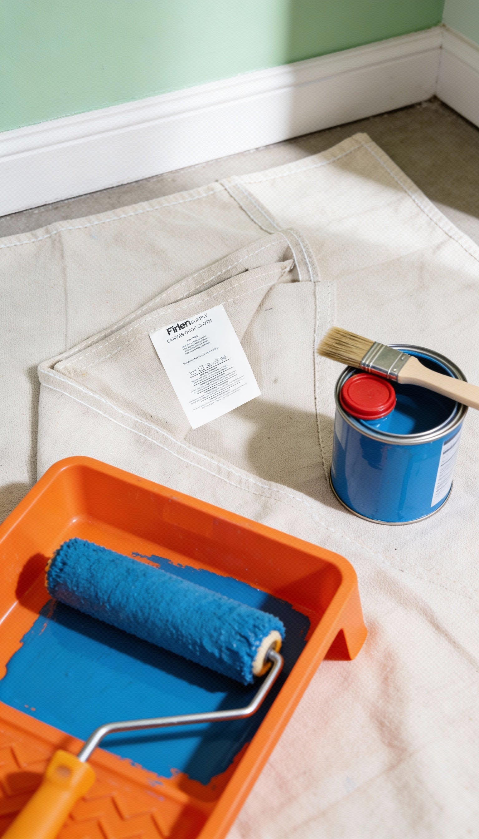 Paint roller, paint can, and brush on a firlen drop cloth 